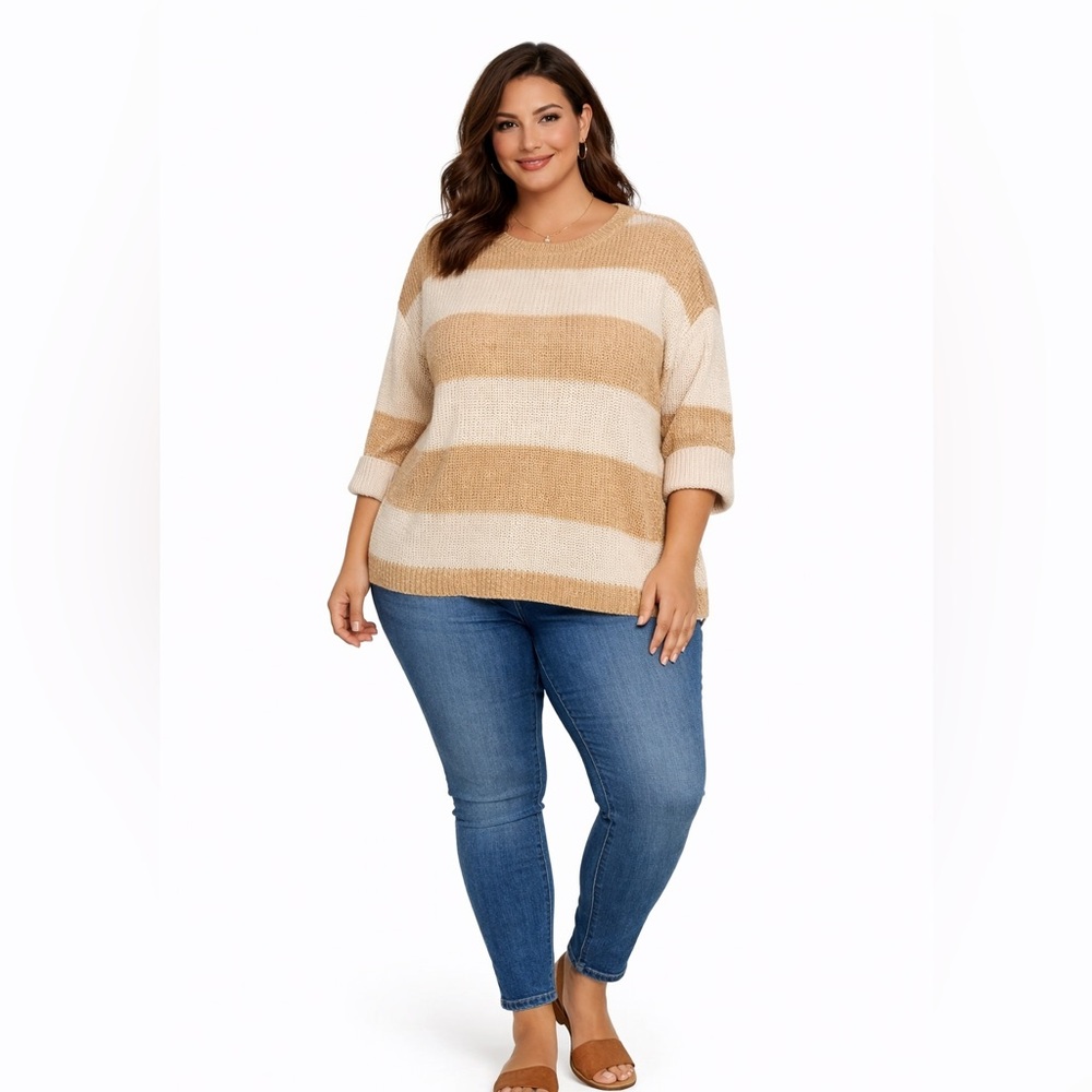 Misia 1X Tan Cream Striped Knit Sweater Button Back Cozy Neutral